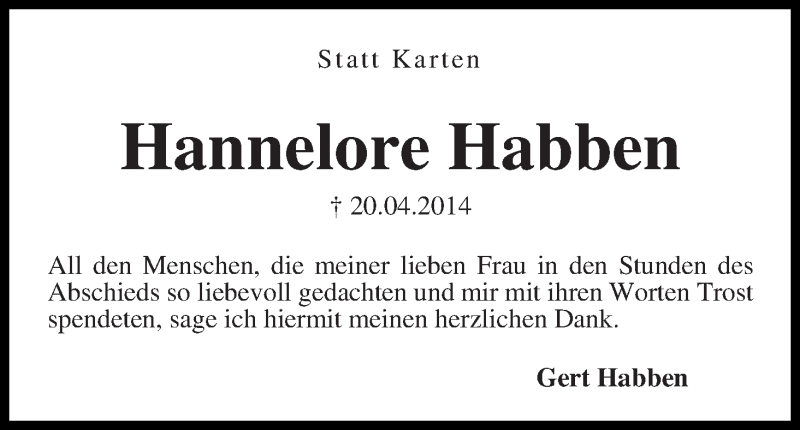 Traueranzeige von Hannelore Habben von Die Norddeutsche