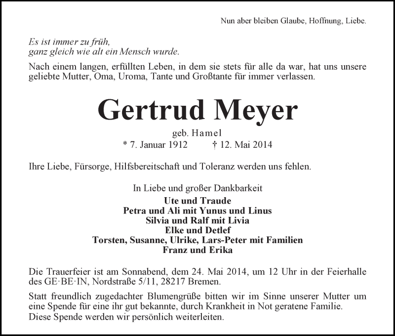 Traueranzeige von Gertrud Meyer von WESER-KURIER