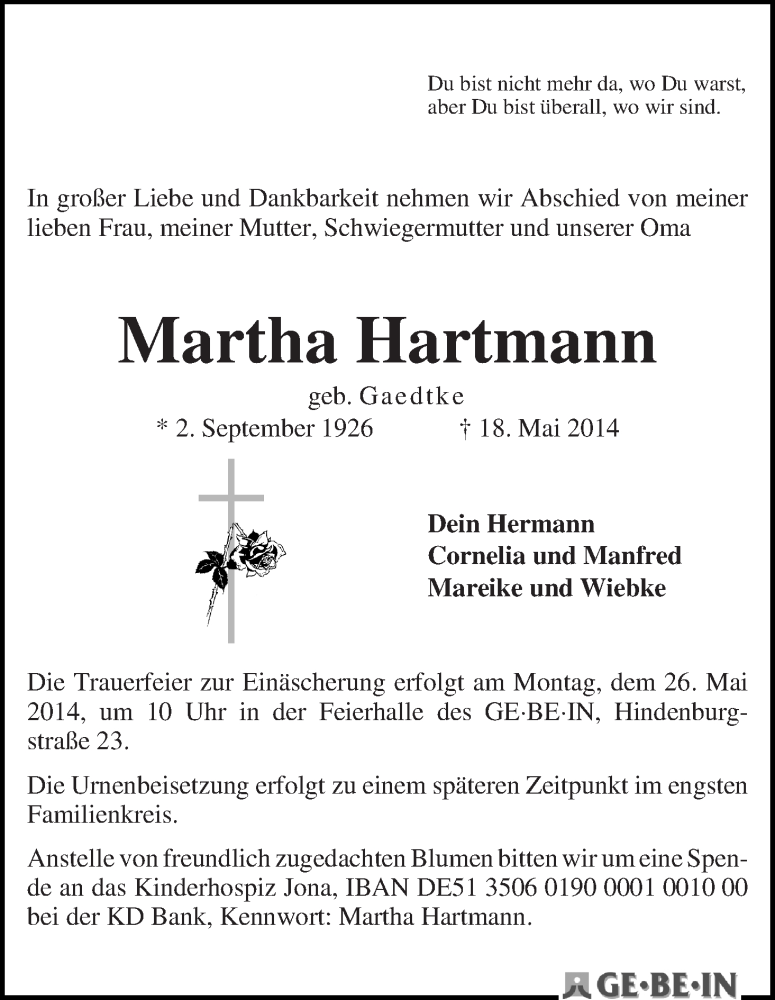 Traueranzeige für Martha Hartmann vom 21.05.2014 aus WESER-KURIER