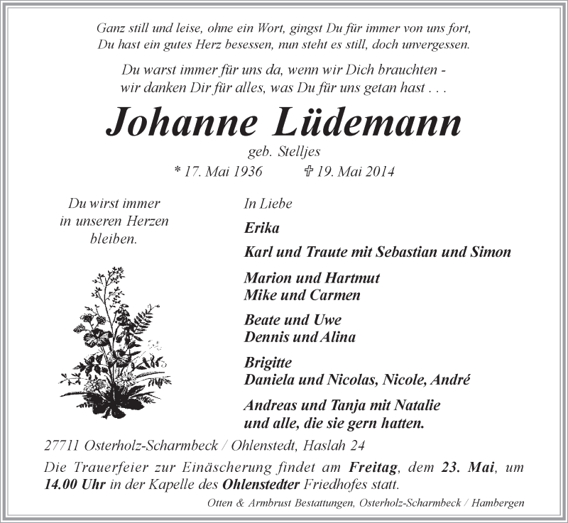 Traueranzeige von Johanne Lüdemann von Osterholzer Kreisblatt