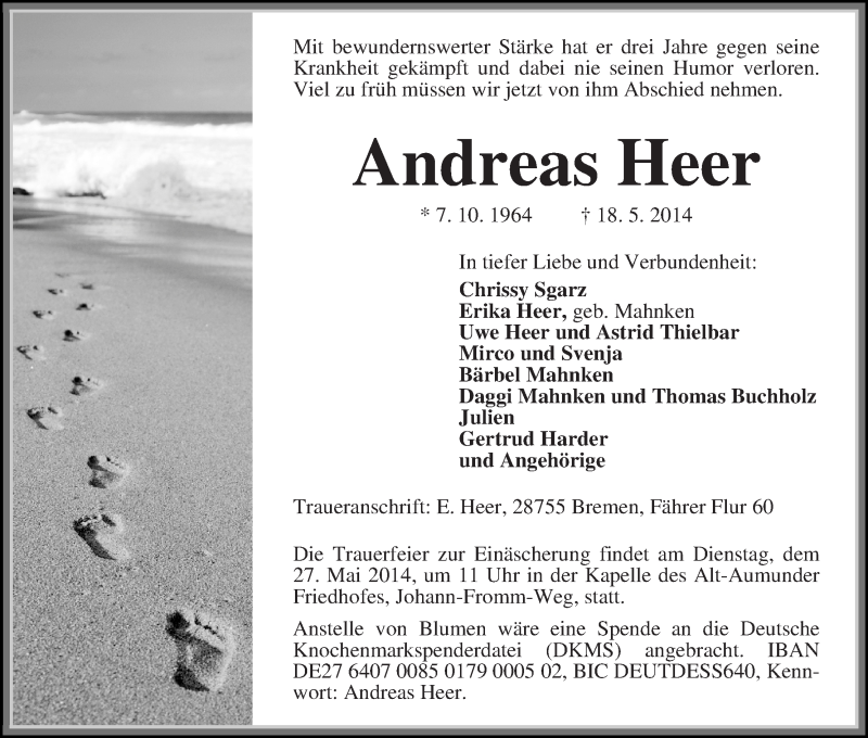  Traueranzeige für Andreas Heer vom 21.05.2014 aus Die Norddeutsche