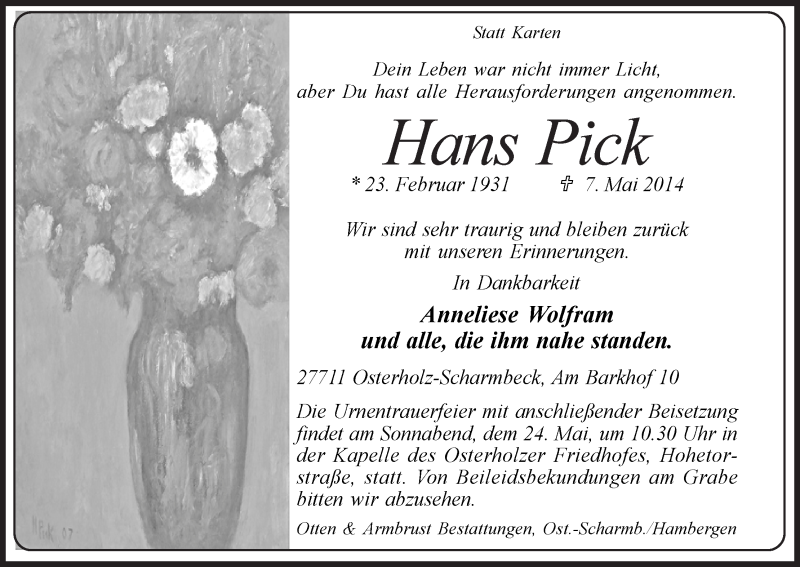 Traueranzeige von Hans Pick von Osterholzer Kreisblatt