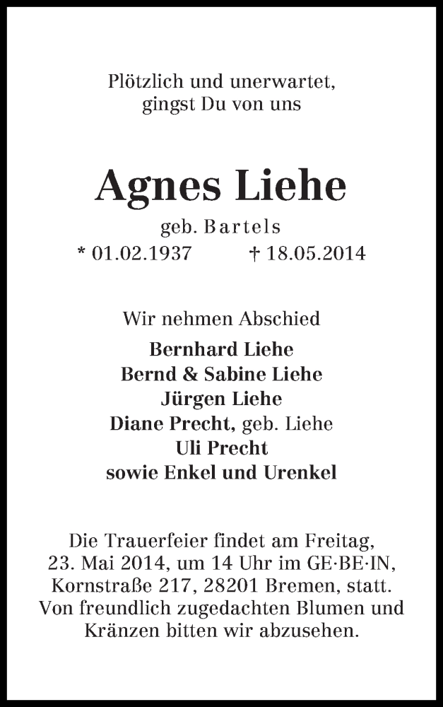  Traueranzeige für Agnes Liehe vom 22.05.2014 aus WESER-KURIER