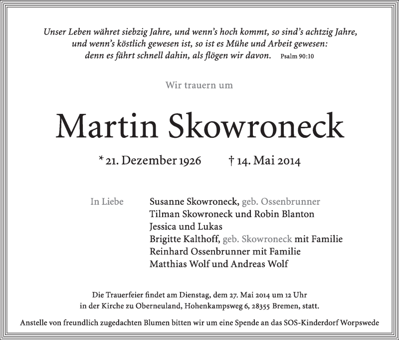  Traueranzeige für Martin Skowroneck vom 21.05.2014 aus WESER-KURIER