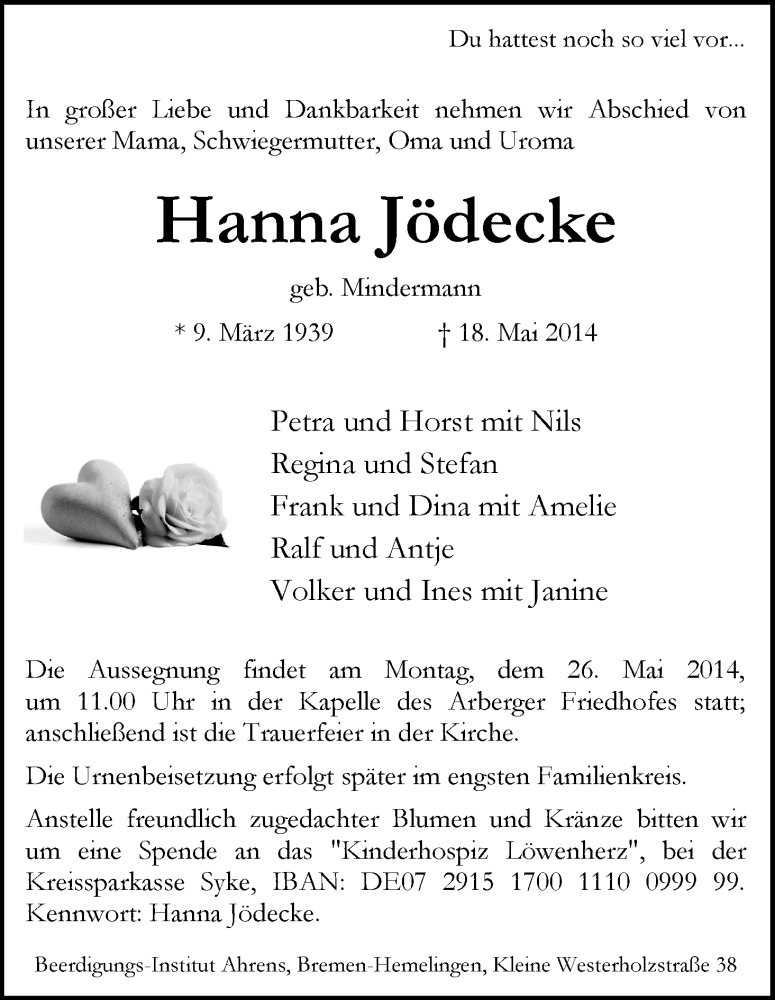  Traueranzeige für Hanna Jödecke vom 21.05.2014 aus WESER-KURIER