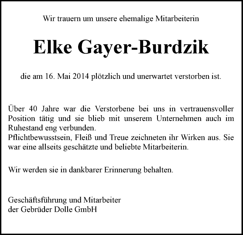 Traueranzeige von Elke Gayer-Burdzik von WESER-KURIER