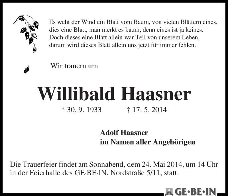 Traueranzeige von Willibald Haasner von WESER-KURIER