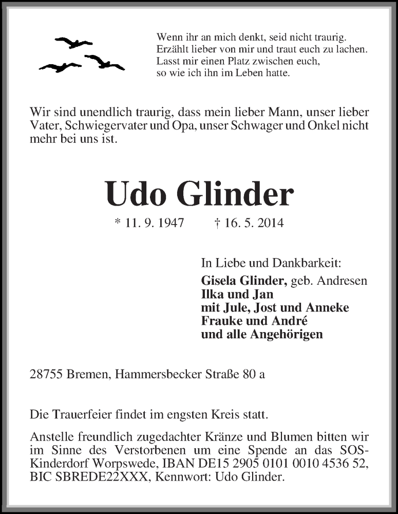 Traueranzeige von Udo Glinder von Die Norddeutsche