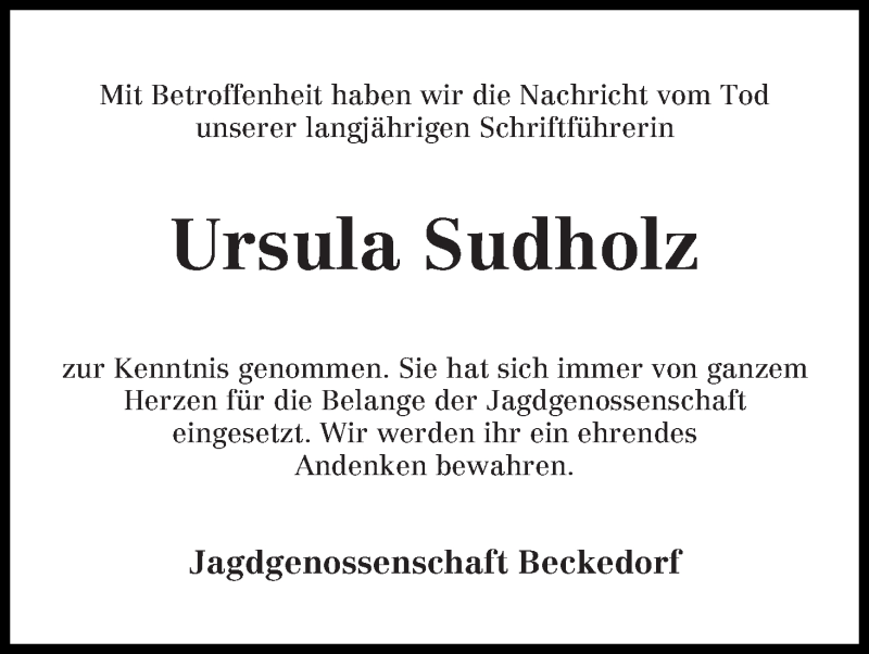 Traueranzeige von Ursula Sudholz von Die Norddeutsche