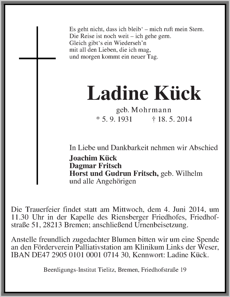 Traueranzeige von Ladine Kück von WESER-KURIER
