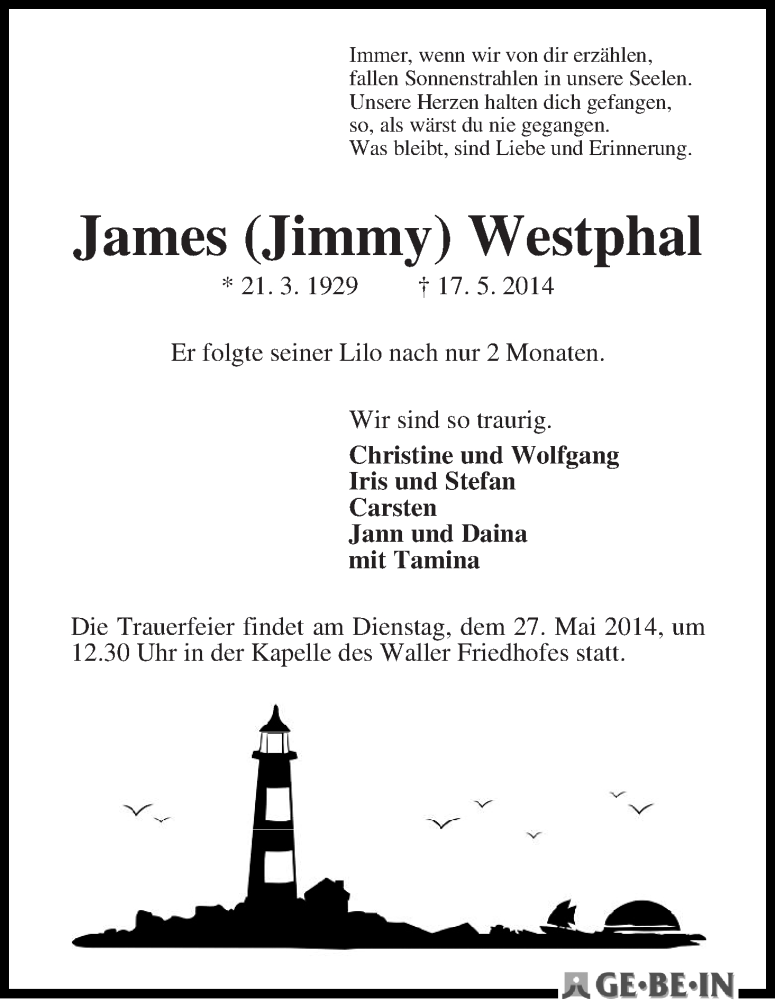 Traueranzeige von James Westphal von WESER-KURIER
