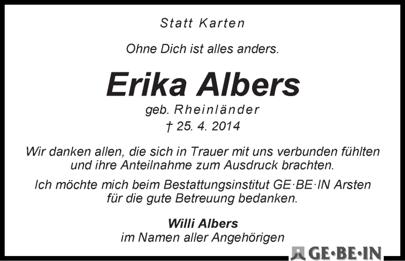 Traueranzeige von Erika Albers von WESER-KURIER
