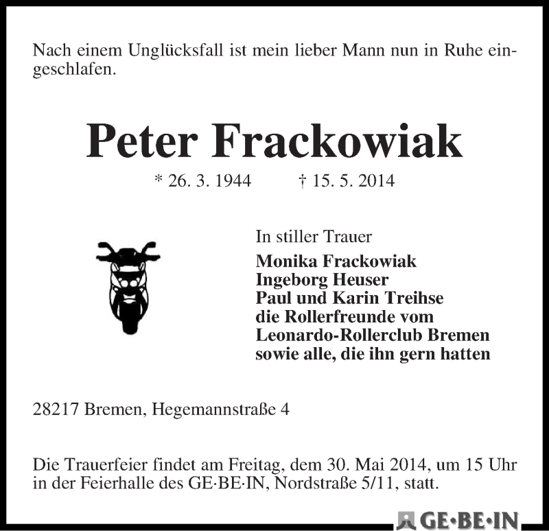 Traueranzeige von Peter Frackowiak von WESER-KURIER