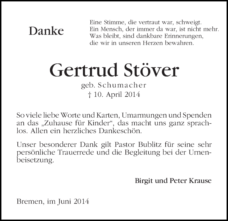 Traueranzeige von Gertrud Stöver von WESER-KURIER