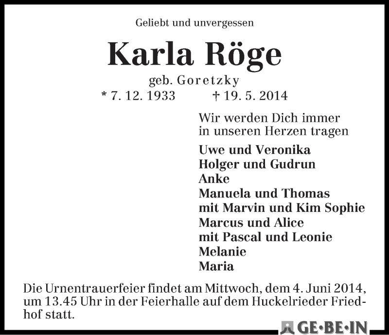 Traueranzeige von Karla Röge von WESER-KURIER