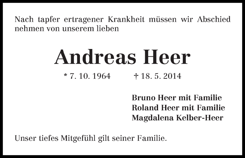  Traueranzeige für Andreas Heer vom 24.05.2014 aus Die Norddeutsche