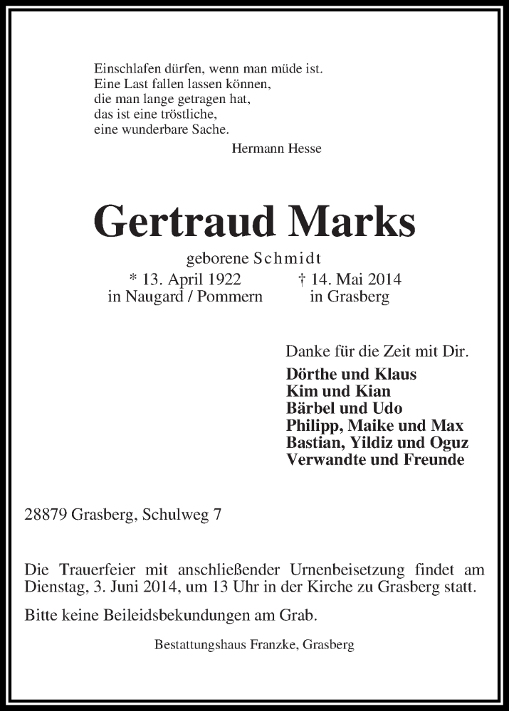  Traueranzeige für Gertraud Marks vom 22.05.2014 aus Wuemme Zeitung