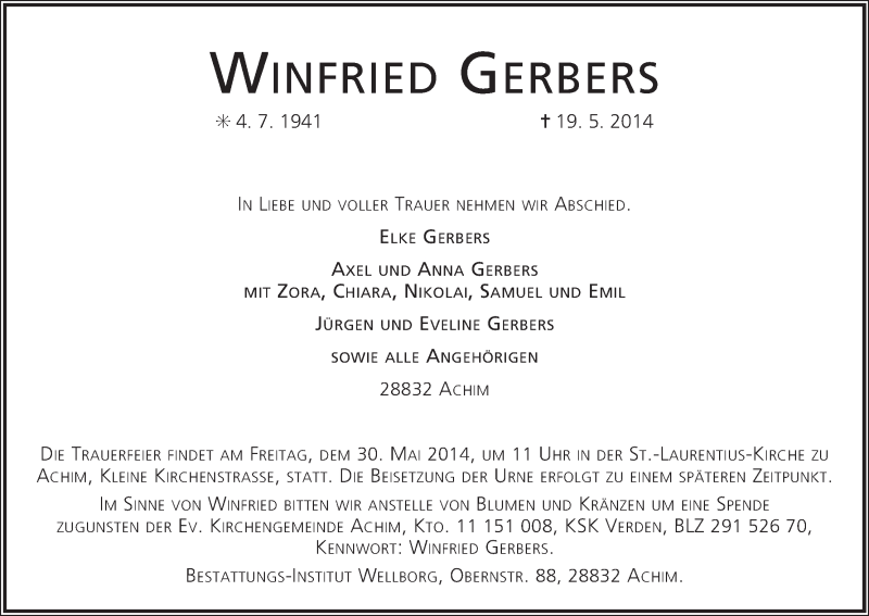 Traueranzeige von Winfried Gerbers von WESER-KURIER