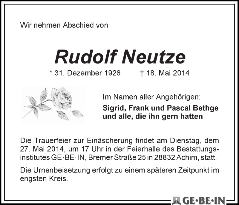 Traueranzeige von Rudolf Neutze von WESER-KURIER