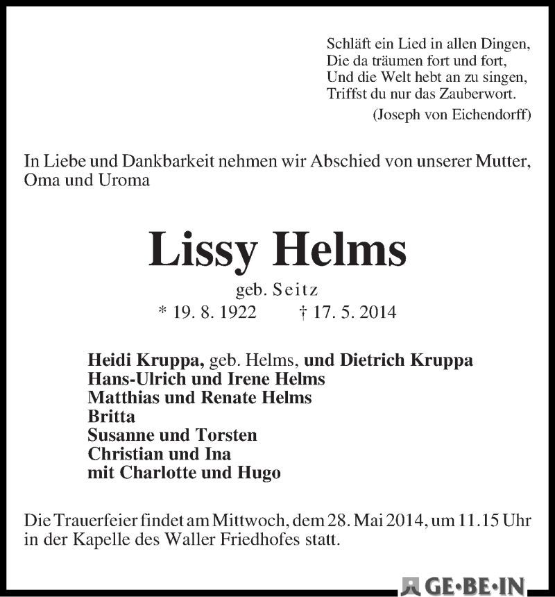 Traueranzeige von Lissy Helms von WESER-KURIER
