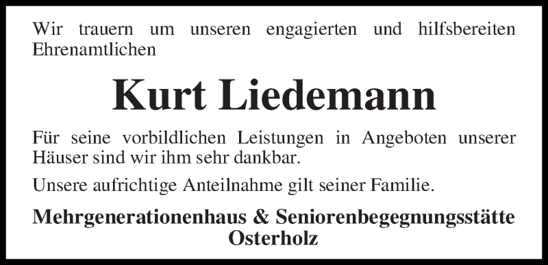 Traueranzeige von Kurt Liedemann von Osterholzer Kreisblatt