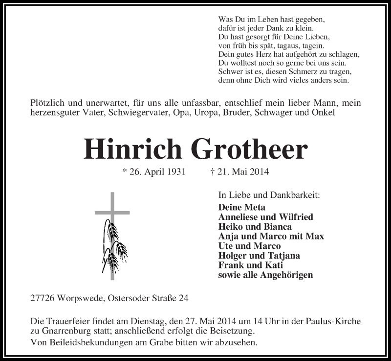 Traueranzeige von Hinrich Grotheer von Osterholzer Kreisblatt