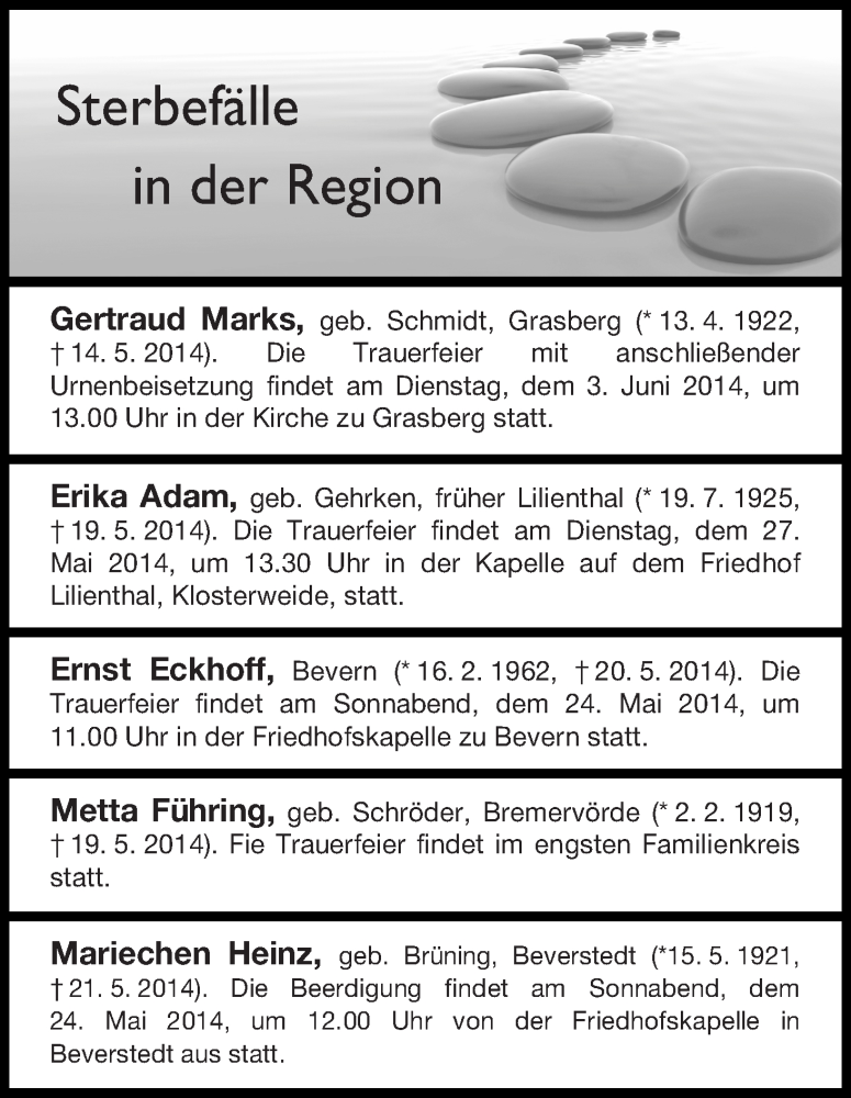 Traueranzeige von Sterbefälle Grasberg/Bevern/Lilienthal von Osterholzer Kreisblatt