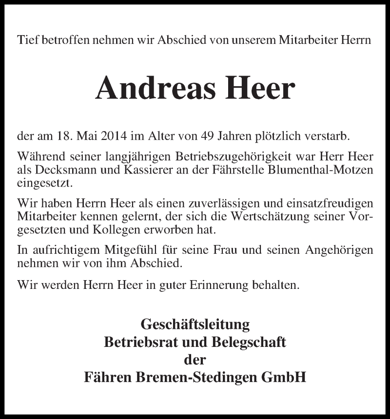  Traueranzeige für Andreas Heer vom 24.05.2014 aus Die Norddeutsche