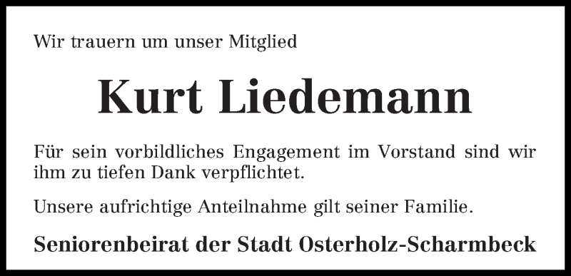 Traueranzeige von Kurt Liedemann von Osterholzer Kreisblatt
