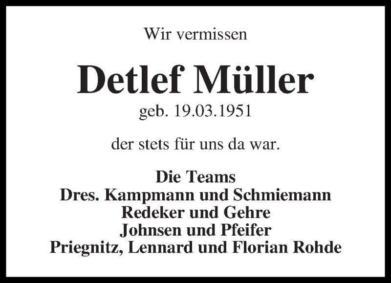 Traueranzeige von Detlef Müller von Achimer Kurier/Verdener Nachrichten