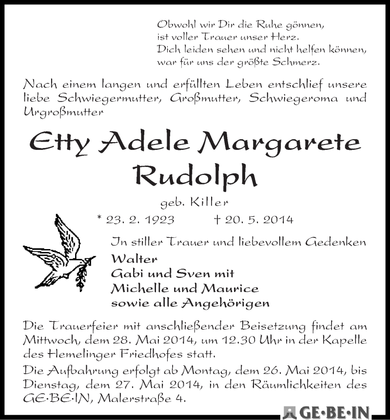 Traueranzeige von Etty Adele Margarete Rudolph von WESER-KURIER