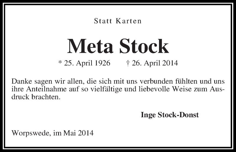 Traueranzeige von Meta Stock von Wuemme Zeitung