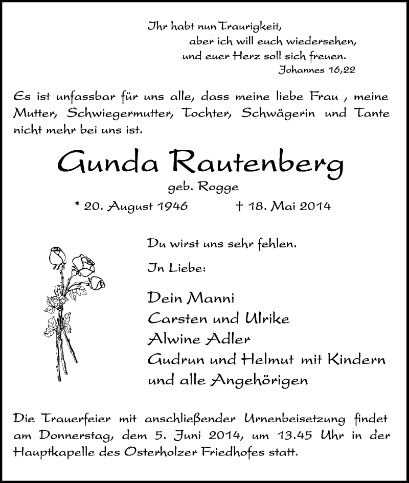  Traueranzeige für Gunda Rautenberg vom 31.05.2014 aus WESER-KURIER