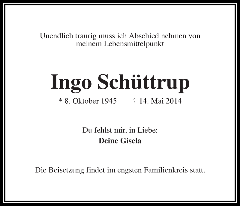 Traueranzeige von Ingo Schüttrup von Wuemme Zeitung