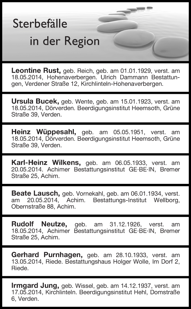 Traueranzeige von Sterbefälle 24.05.14 AchimVerden von Achimer Kurier/Verdener Nachrichten