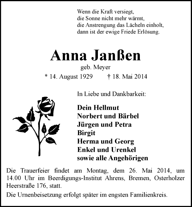 Traueranzeige von Anna Janßen von WESER-KURIER