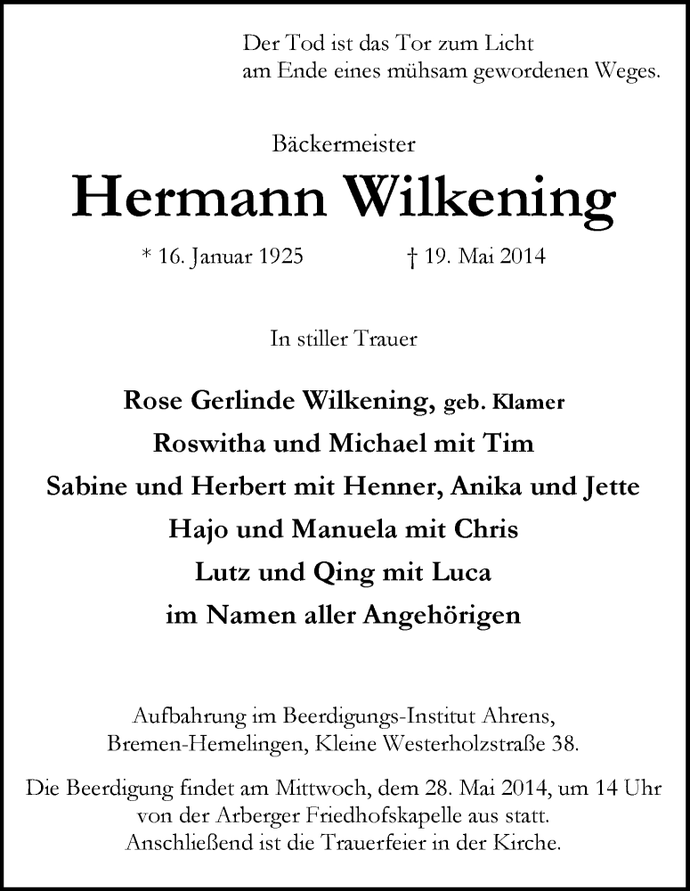 Traueranzeige von Hermann Wilkening von WESER-KURIER