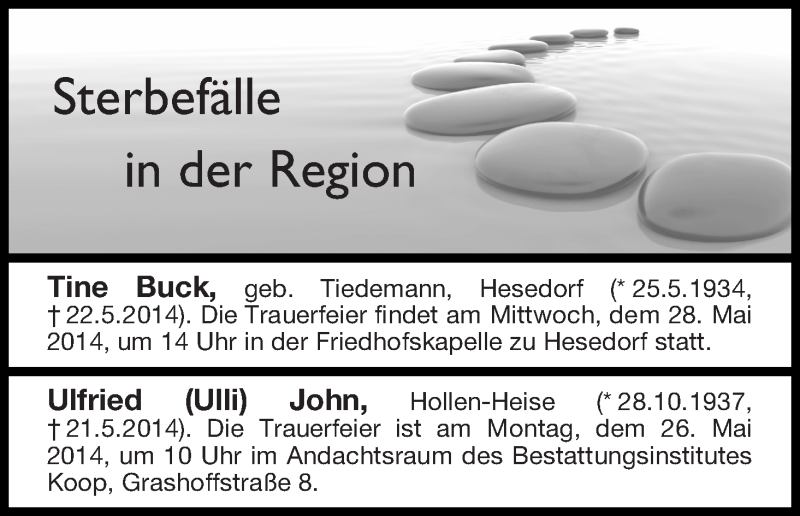 Traueranzeige von Sterbefälle aus der Region Osterholz von Osterholzer Kreisblatt