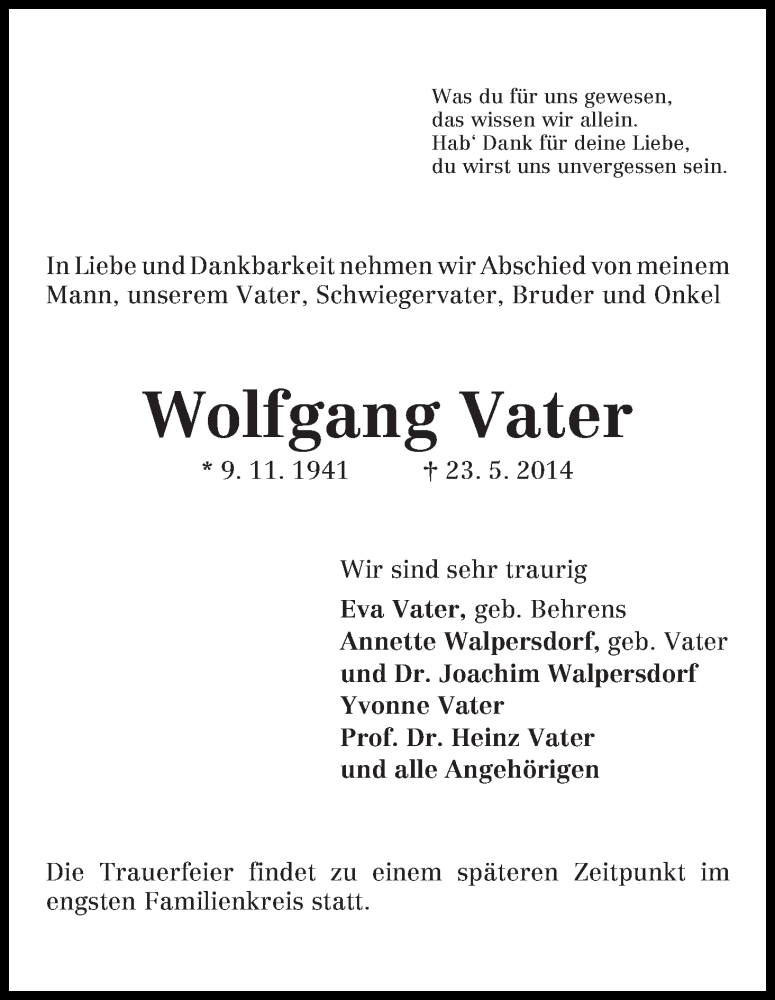  Traueranzeige für Wolfgang Vater vom 24.05.2014 aus WESER-KURIER