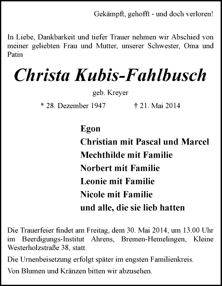 Traueranzeige von Christa Kubis-Fahlbusch von WESER-KURIER