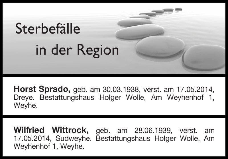 Traueranzeige von Sterbefälle in der Region Syke, Weyhe, Stuhr von Regionale Rundschau/Syker Kurier