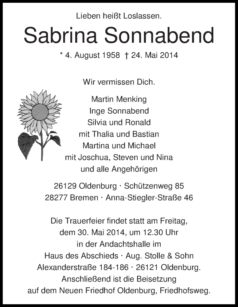  Traueranzeige für Sabrina Sonnabend vom 27.05.2014 aus WESER-KURIER