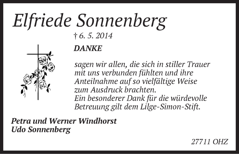 Traueranzeige von Elfriede Sonnenberg von Die Norddeutsche