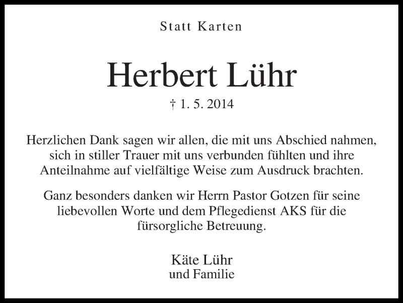 Traueranzeige für Herbert Lühr vom 27.05.2014 aus WESER-KURIER