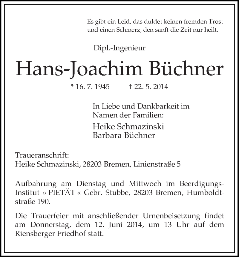Traueranzeige von Hans-Joachim Büchner von WESER-KURIER