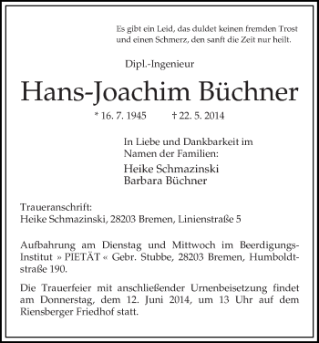 Traueranzeige von Hans-Joachim Büchner