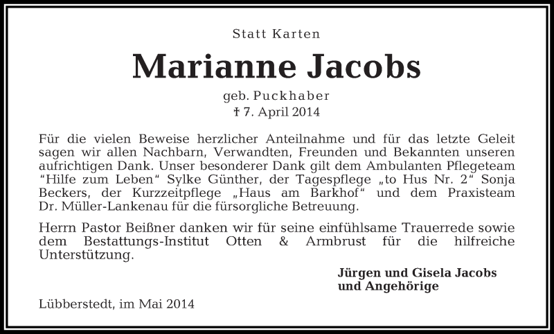 Traueranzeige von Marianne Jacobs von Osterholzer Kreisblatt