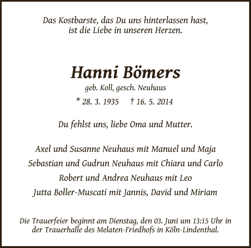 Traueranzeige von Hanni Bömers von WESER-KURIER