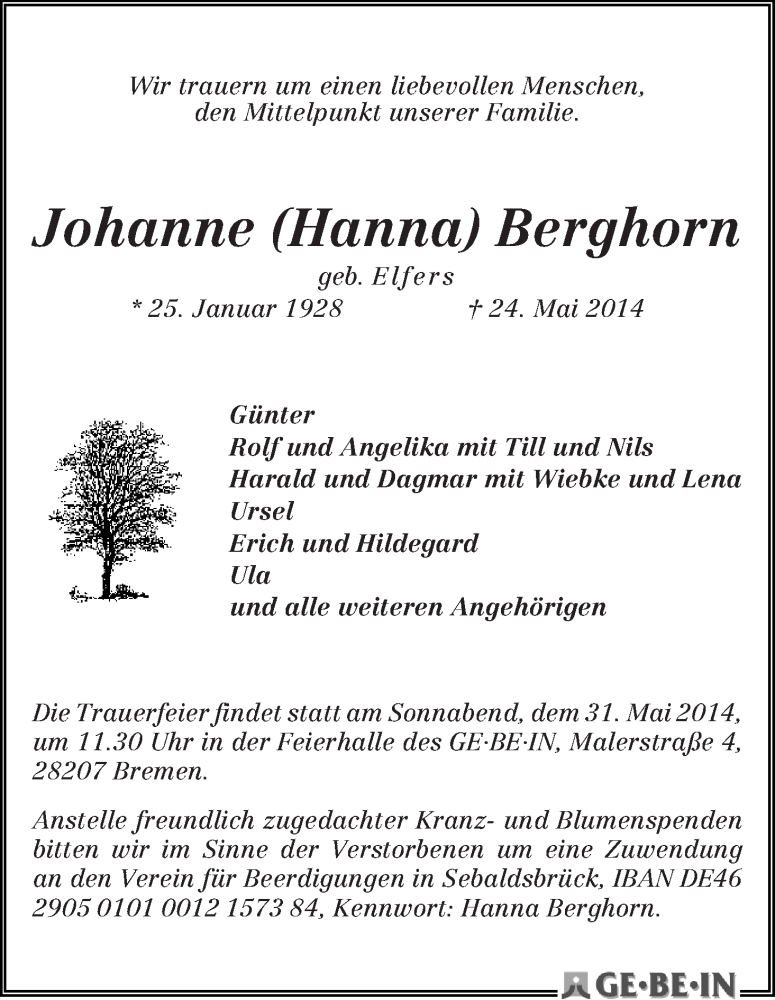 Traueranzeige von Johanne (Hanna) Berghorn von WESER-KURIER