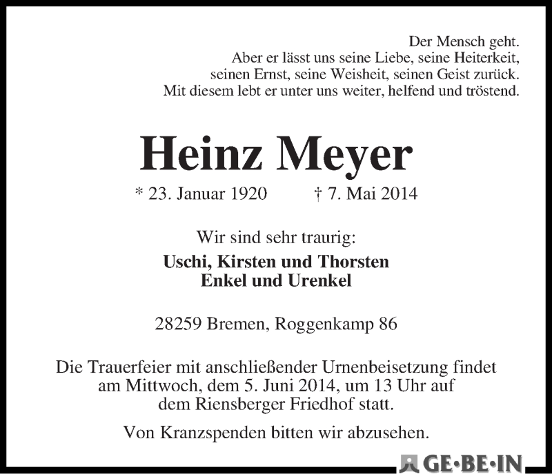 Traueranzeige von Heinz Meyer von WESER-KURIER